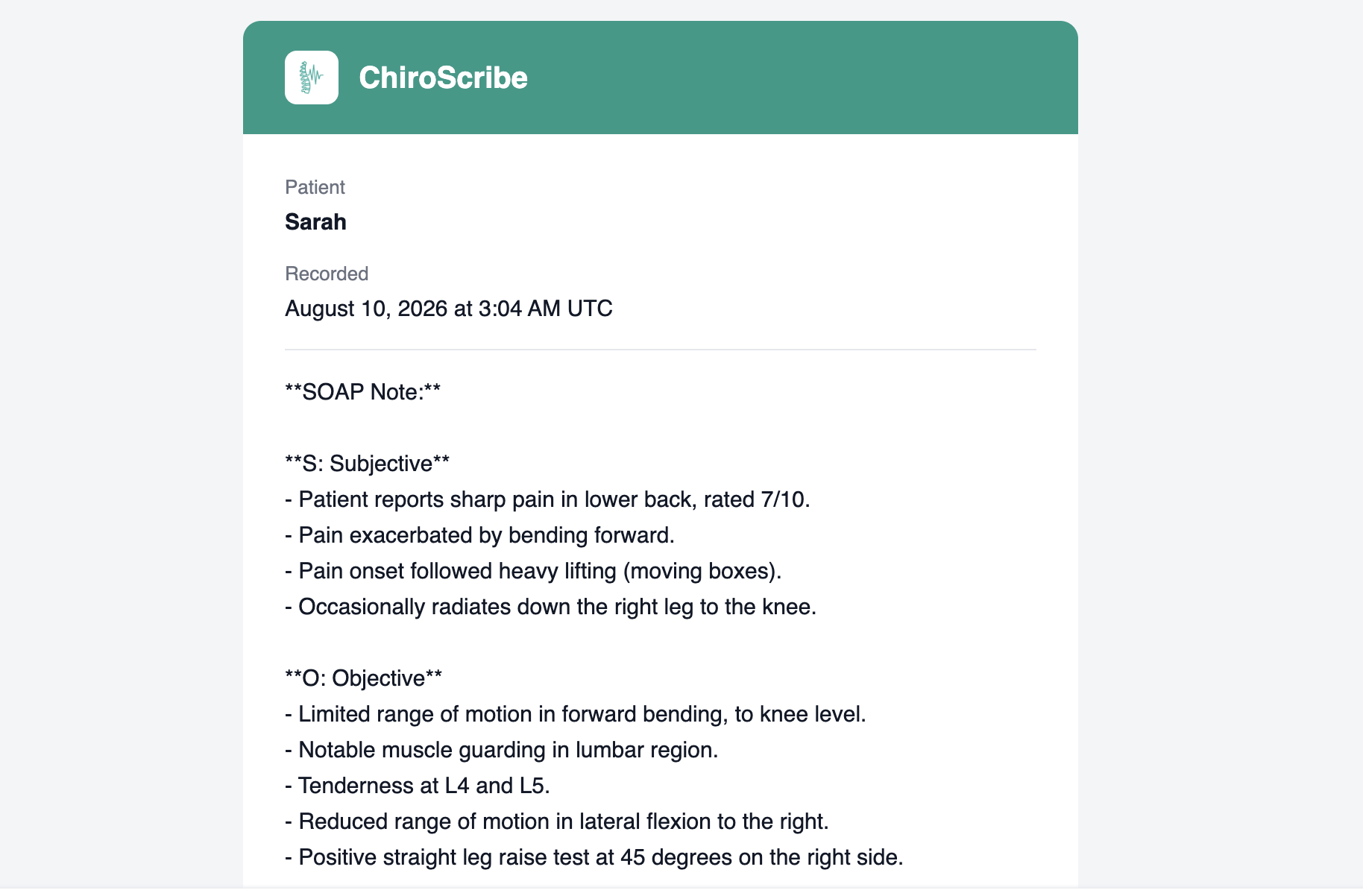 Sample email note